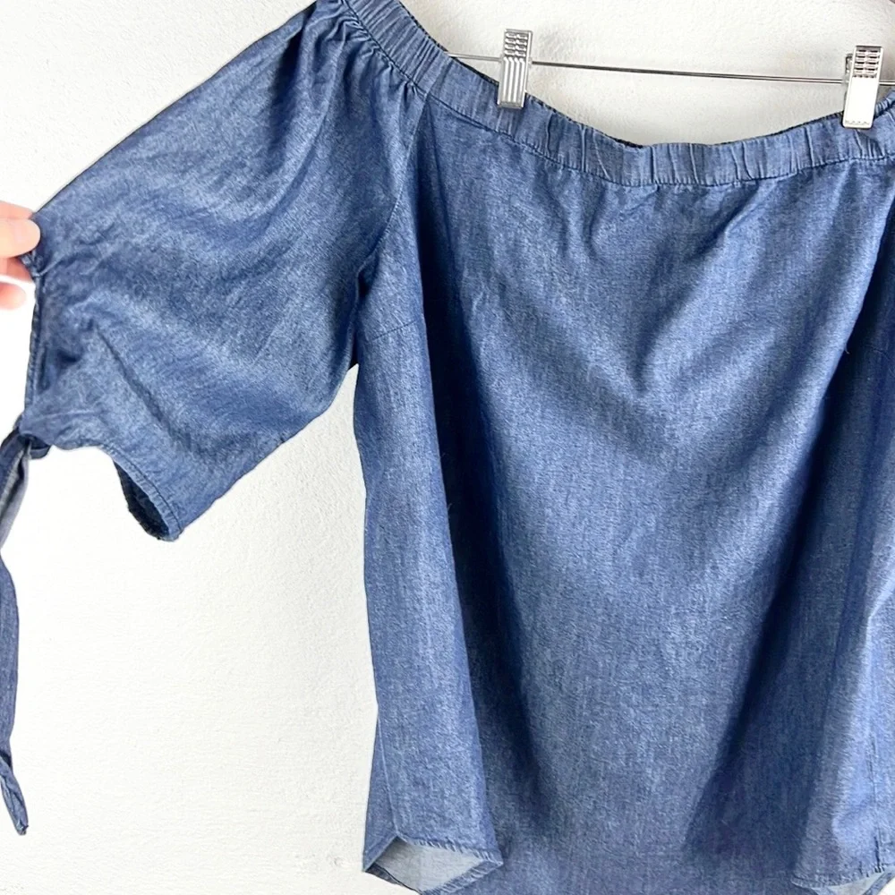 FADED GLORY |💙 Denim Blue Chambray Boatneck 1/2 Sleeves Prasant Blouse Top - Picture 5 of 9
